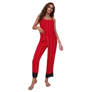 Sexy red striped women's pajama set featuring camisole top and lace-trimmed long pants