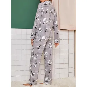 Women's grey floral plaid print 2-piece pajama set with long sleeve shirt and pants