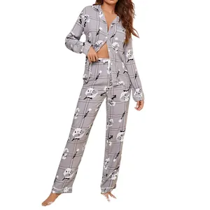 Elegant women's two-piece floral print pajama set featuring long sleeves and long pants