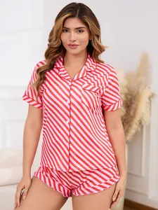 Close-up detail of women's red and pink striped short sleeve pajama set for summer