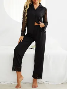 Elegant black modal pajama set with mesh long sleeves and delicate lace trim detail