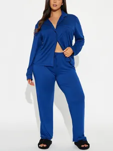 Ensemble de pyjama bleu roi à manches longues pour femme avec liseré noir