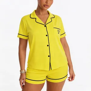 Women Minimalist Modal Pajamas Set Short Sleeve Top And Bottom Contrast Piping Heart Pocket Lounge Sleepwear Home Set