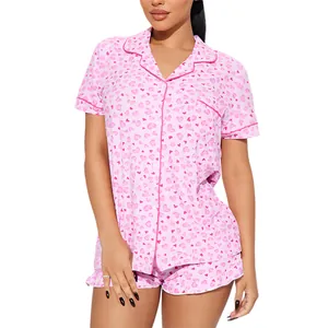 Comfortable women's pink heart print pajama set with short sleeves and lapel collar