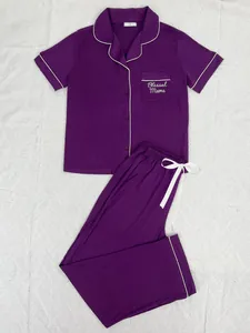 Ensemble de pyjama violet pour femmes avec broderie Blessed Mama et liseré blanc
