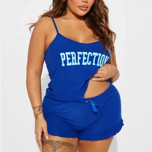 Ensemble de pyjama bleu sexy pour femme avec caraco et short et imprimé perfection