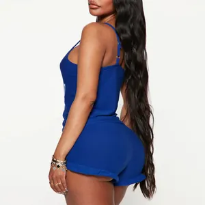 Pyjama deux pièces bleu roi sexy avec caraco et short à volants pour femme