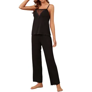 Women's 2-piece black pajama set with lace mesh cami top and wide-leg long pants