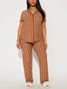 Brown polka dot pajama set with short sleeve lapel top and long pants