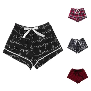 Women Viscose Pajama Shorts Thin Breathable Summer Loungewear Bottom Printed Plaid Leopard Sleepwear Shorts With Bow Decor