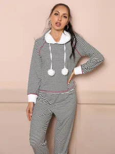 Stylish two-piece black and white striped loungewear set with hooded fleece top and pants