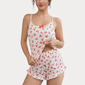 Ensemble Pyjama Femme Sexy Imprimé Cerise Caraco en Dentelle et Short à Volants Top et Bottom Vêtements de Nuit Doux
