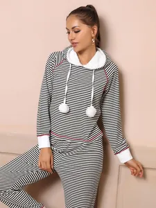 Cozy black and white striped hooded pajama set for women, perfect for autumn and winter.