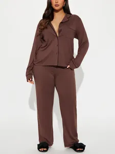 Ensemble de pyjama marron deux pièces à manches longues pour femme, homewear boutonné