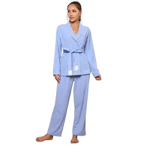 Elegant light blue long-sleeved robe and trousers pajama set for women, loungewear