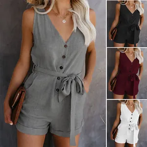 Women Casual V Neck Romper Sleeveless Button Up Jumpsuit With Bow Tie Waist Solid Color Polyester Summer One Piece Short Playsuit