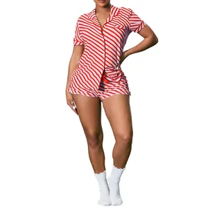 Red and white striped summer pajama set for women including short sleeves and shorts.