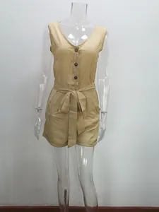 Casual khaki V-neck sleeveless romper with front buttons and waist tie bow