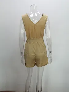 Detailed back view showing the V-neck and belted waist of a khaki sleeveless romper