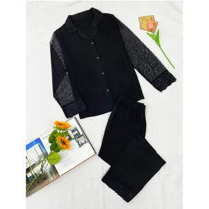 Elegant black modal pajama set with lace mesh sleeves and long pants
