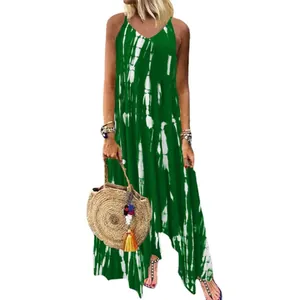 Abito lungo tie-dye verde con orlo irregolare e scollo a V, stile canotta senza maniche