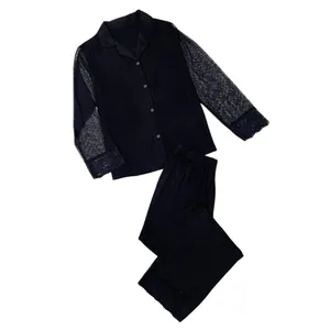 Black modal pajama set with sheer mesh dot sleeves and lace trim detail for women