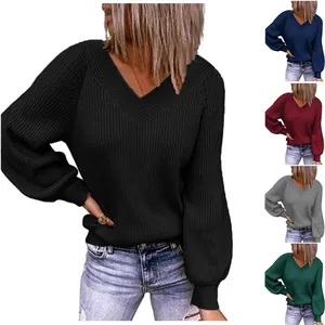 Women Plus Size Loose Knit Sweater V-Neck Solid Color Pullover Lantern Sleeve Casual Ribbed Polyester Jumper Top