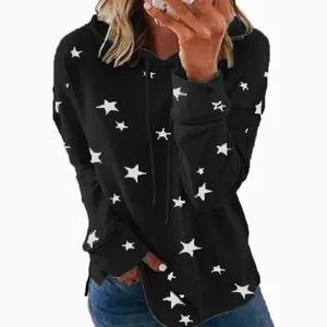 Women's black oversized hoodie featuring a white star print and drawstring hood