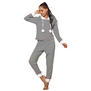 Casual two-piece striped pajama set featuring hooded long-sleeve top and pants for women
