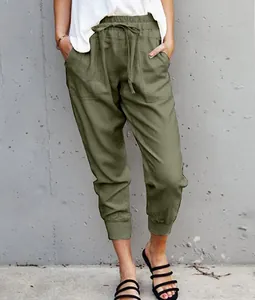 Detail view of women's olive green cotton linen cropped joggers with drawstring waist