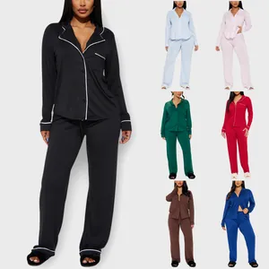Ensemble Pyjama pour Femmes Chemise à Manches Longues et Pantalon Vêtement de Nuit Deux Pièces avec Passepoil Contrasté Homewear Doux pour Automne Hiver