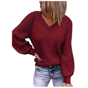 Stylish burgundy V-neck ribbed knit sweater featuring loose lantern sleeves for women