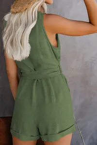 Back view of a casual olive green sleeveless romper with textured linen-like fabric