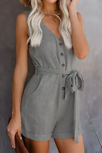 Summer casual gray sleeveless V-neck romper with waist tie and button front detail