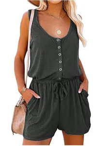Casual sleeveless romper with drawstring waist, button front, and side pockets in charcoal grey