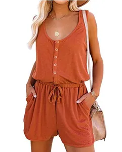 Casual sleeveless jumpsuit with button front and drawstring waist in burnt orange