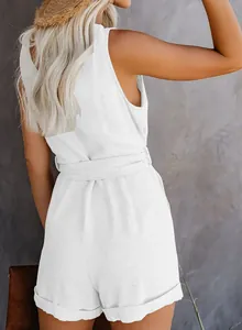 Detailed back view of a white sleeveless casual summer romper with waist tie belt