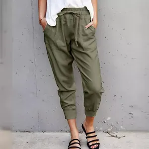 Women's olive green linen cotton cropped pants with drawstring waist and slim fit design