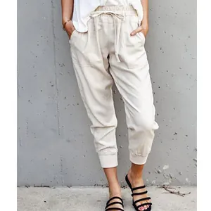 Women's summer cotton linen drawstring casual pants in slim tapered nine-point cut