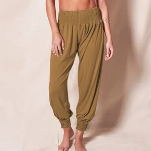 High waisted smocked mustard yellow harem pants for women loose fit yoga joggers