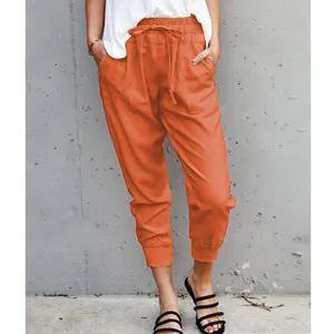 Summer women's solid orange cotton linen drawstring casual pants slim fit cropped trousers