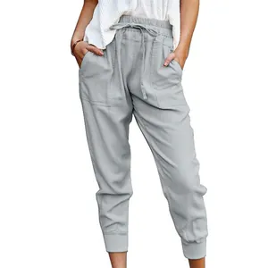 Women's light grey cotton linen drawstring casual trousers with slim fit ankle length