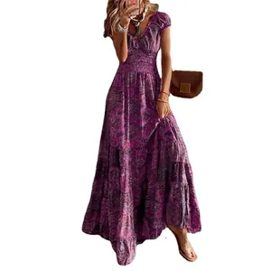 Elegant Bohemian purple floral print maxi dress featuring a V-neck and smocked waist