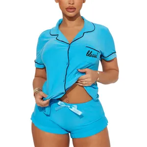 Ensemble de pyjama d'été 2 pièces pour femmes avec haut à manches courtes et short bleu