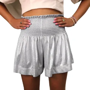 Fashionable women's high waist silver glitter metallic shorts with smocked waistband