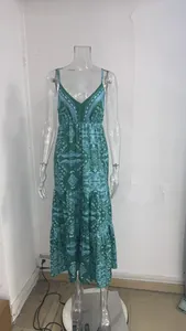 Bohemian paisley print V-neck maxi dress with spaghetti straps for women.