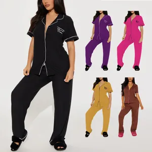 Ensemble Pyjama Femme Haut Et Bas Manches Courtes Broderie Lettres Passepoil Contrasté Boutonné Vêtements de Nuit