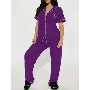 Ensemble pyjama violet pour femmes avec broderie Blessed Mama, haut court et pantalon