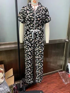 Women's floral print pajama set with lapel collar top and matching long pants