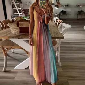 Elegant slim fit colorful striped camisole maxi dress for summer beach vacation